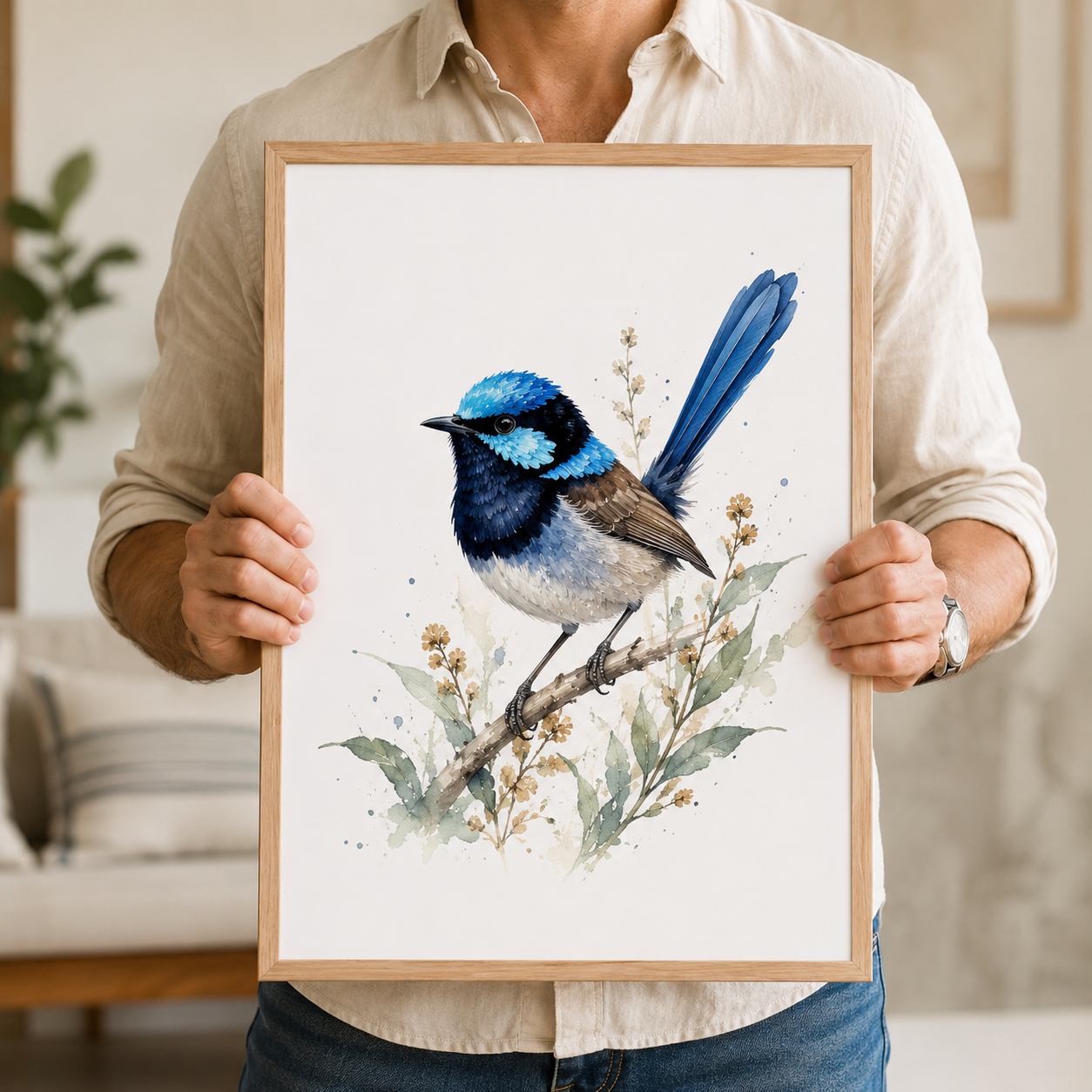 Australian Superb Fairywren Watercolour Print – Coastal Bird Wall Art