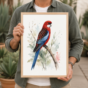 TITLE: Crimson Rosella Watercolour Bird Print – Australian Native Bird Wall Art