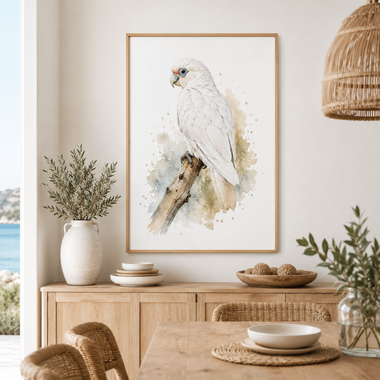 Little Corella Watercolour Wall Art – Australian Coastal Bird Print - Image 2