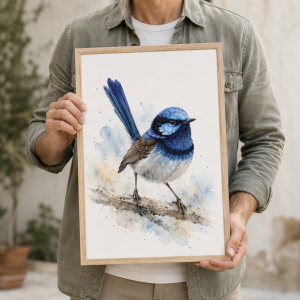 Blue Wren Watercolour Wall Art – Australian Native Bird Print