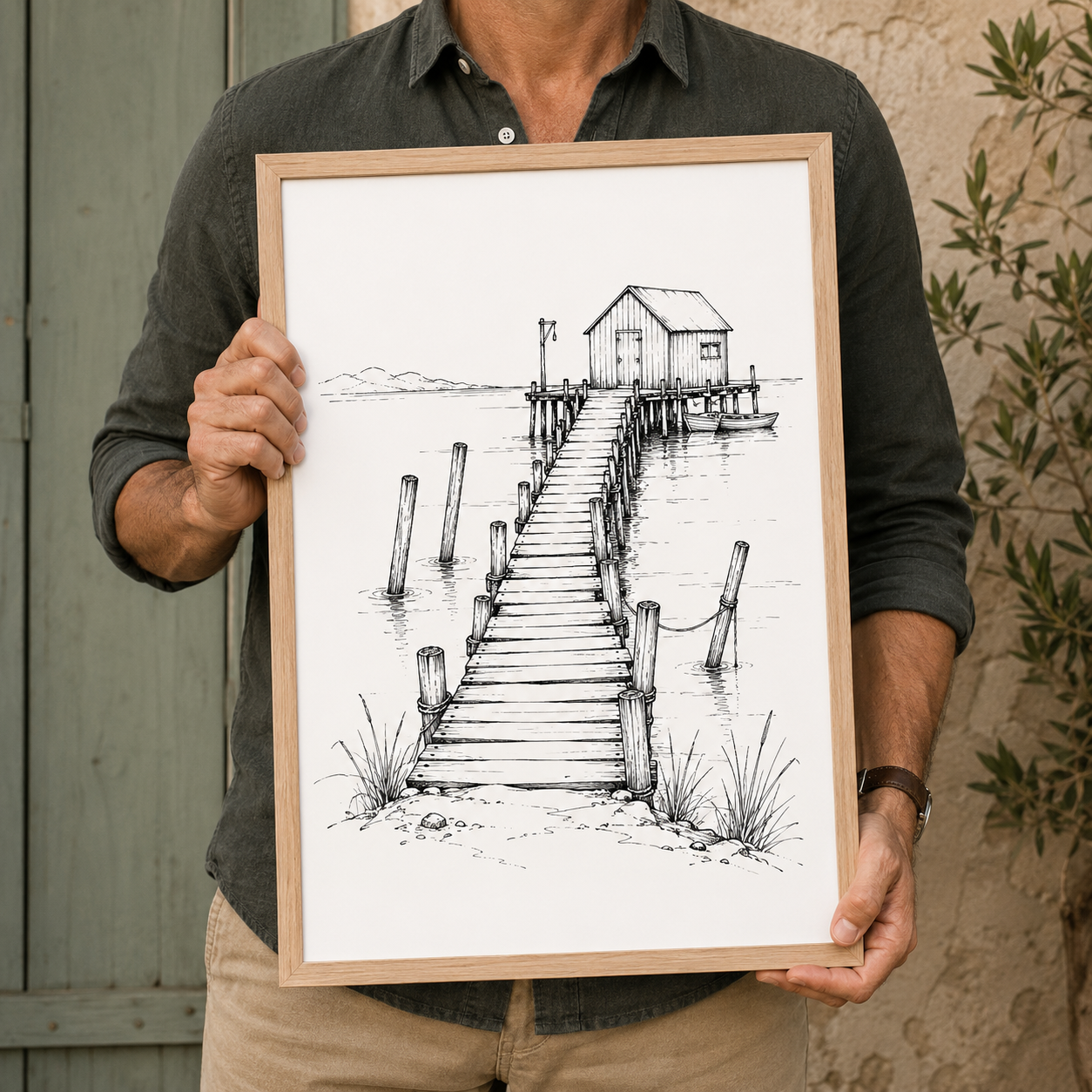 Old Wharf Pen and Ink Sketch, Vintage Coastal Jetty Wall Art Print