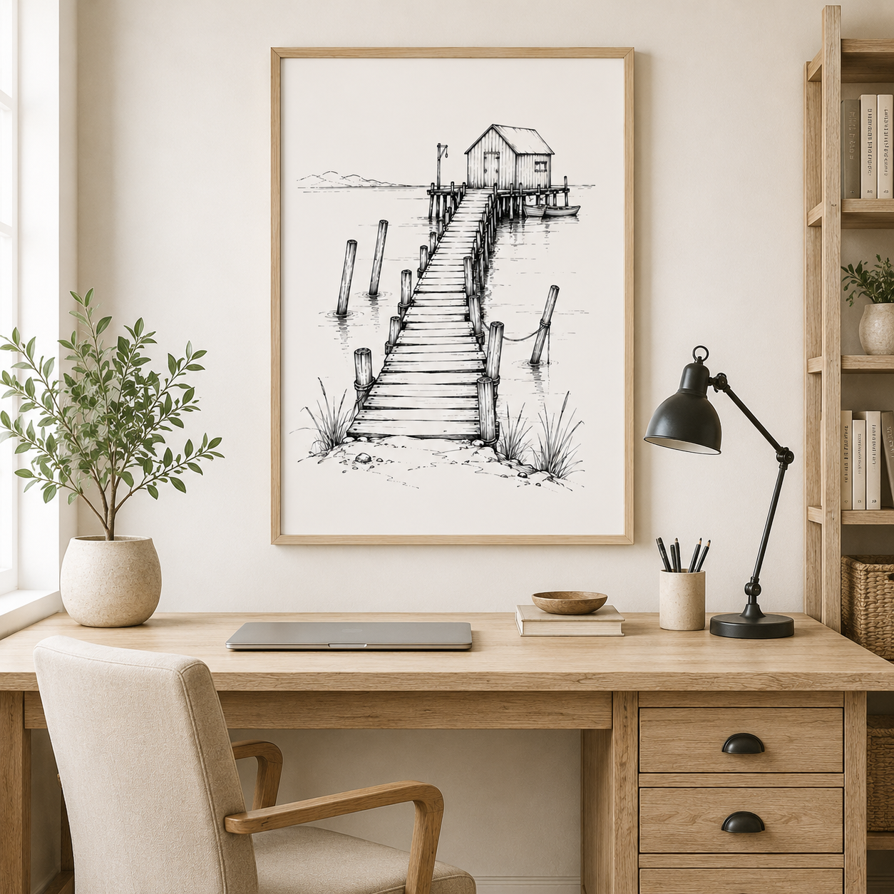 Old Wharf Pen and Ink Sketch, Vintage Coastal Jetty Wall Art Print - Image 5
