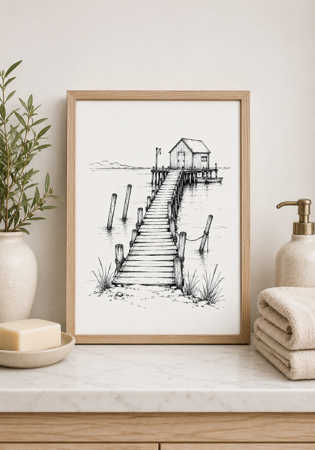 Old Wharf Pen and Ink Sketch, Vintage Coastal Jetty Wall Art Print - Image 2