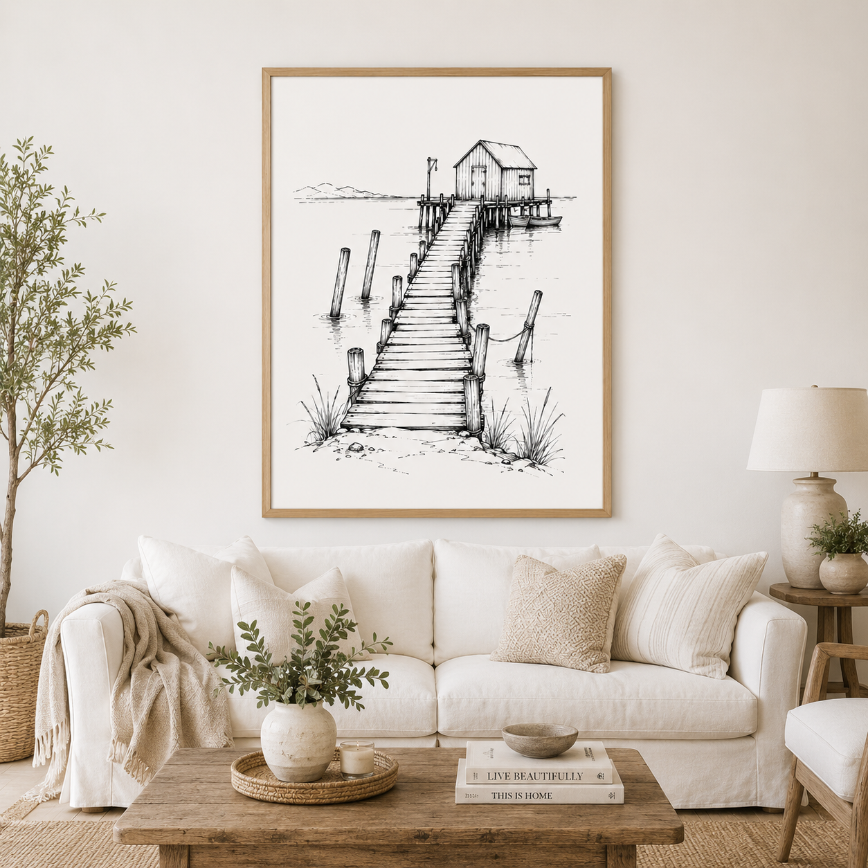 Old Wharf Pen and Ink Sketch, Vintage Coastal Jetty Wall Art Print - Image 4