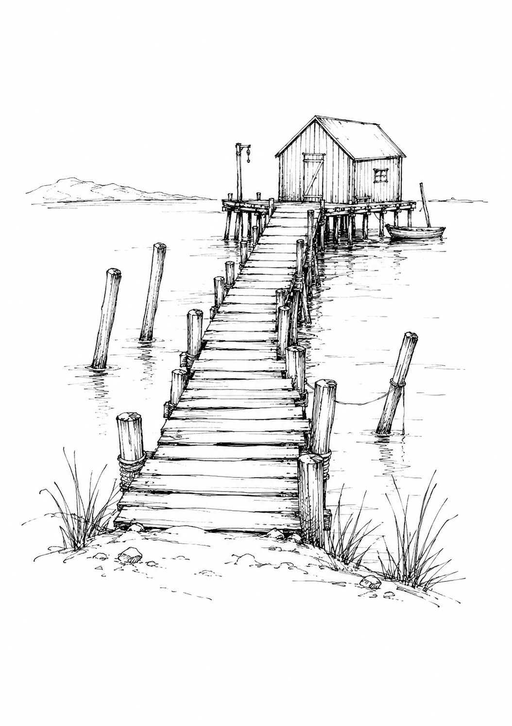 Old Wharf Pen and Ink Sketch, Vintage Coastal Jetty Wall Art Print - Image 6