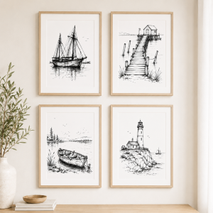 Set of 4 Vintage Ink Sketch Style Nautical Drawings