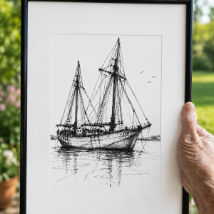 Vintage Sketch Art Pearling Lugger, Black and White Boat Print Artwork