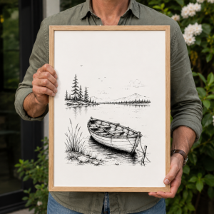 Rowboat Pen and Ink Drawing Print – Vintage Lakeside Sketch Artwork
