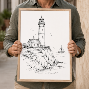 Vintage Lighthouse Coastal Wall Art, Pen Ink Sketch, Lighthouse Print