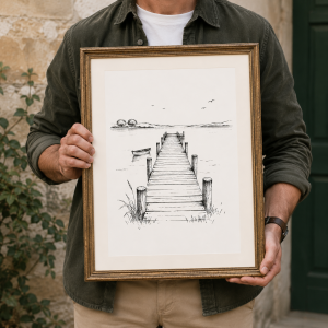 Long Timber Jetty Sketch – Vintage Pen and Ink Coastal Wall Art