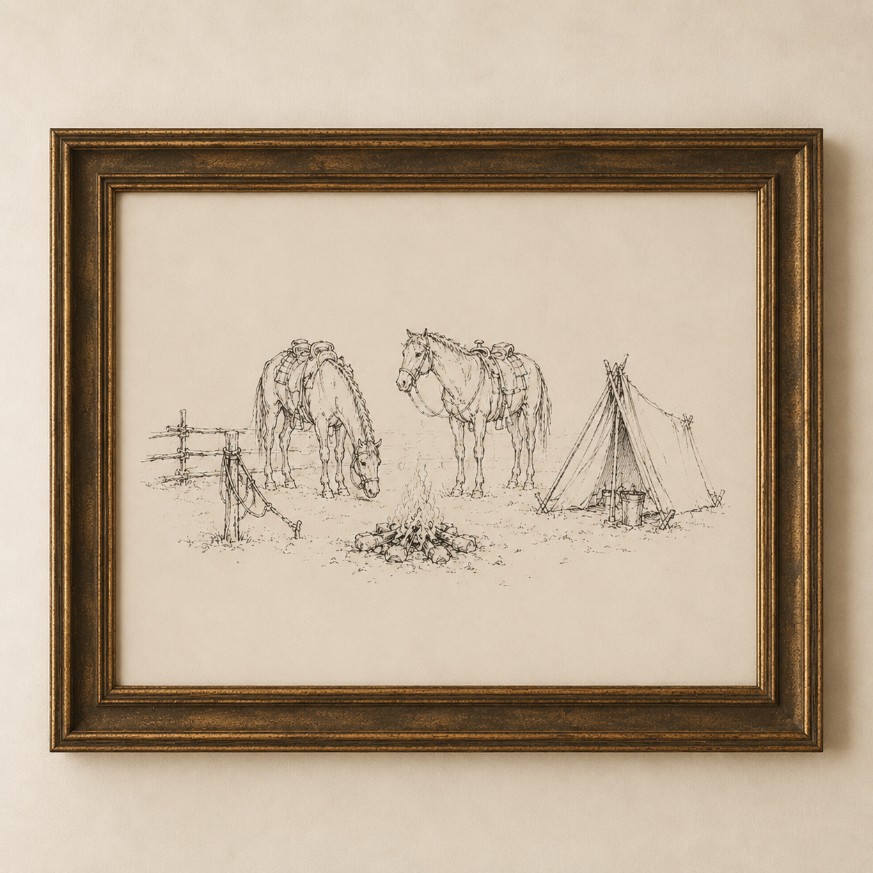 Horse Campfire Sketch Print | Vintage Western Wall Art - Image 6