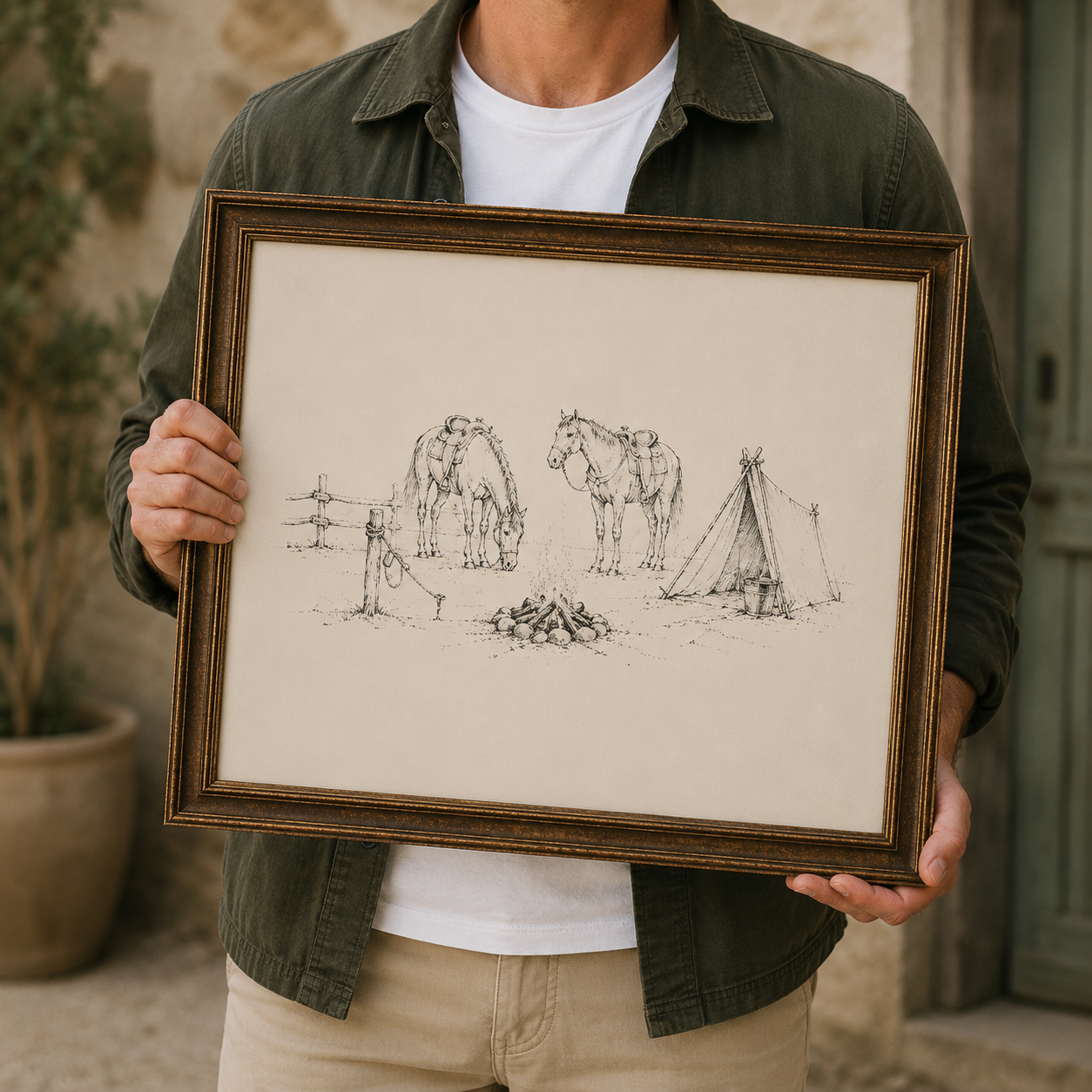 Horse Campfire Sketch Print | Vintage Western Wall Art