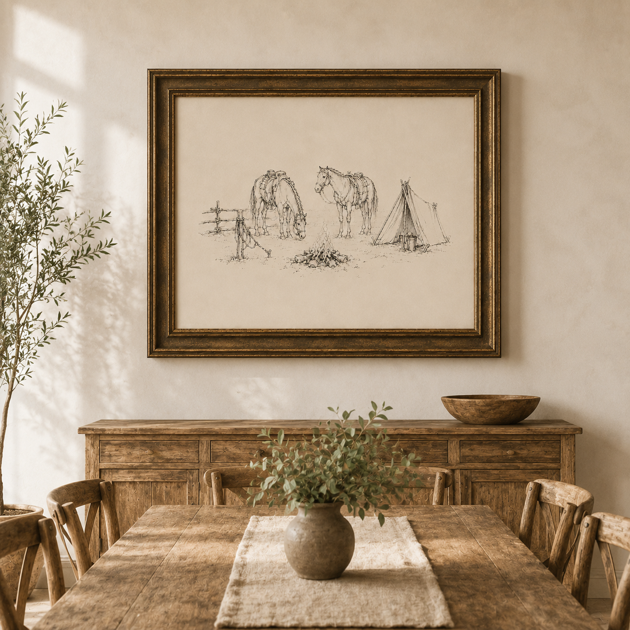 Horse Campfire Sketch Print | Vintage Western Wall Art - Image 2