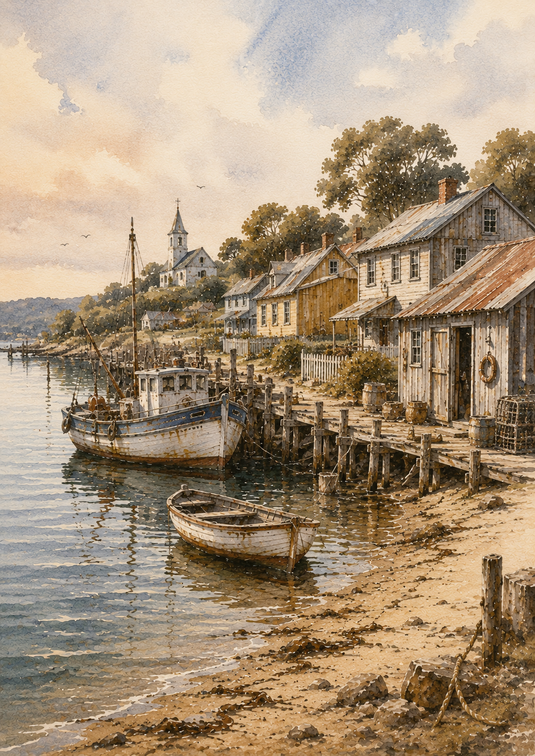 Coastal Fishing Village Watercolour Wall Art Print - Image 7
