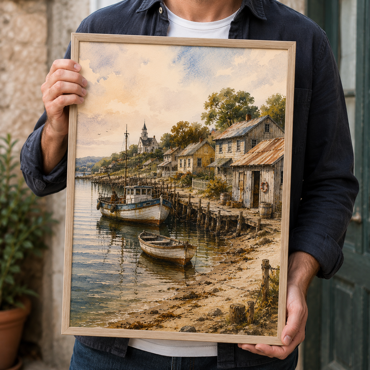 Coastal Fishing Village Watercolour Wall Art Print