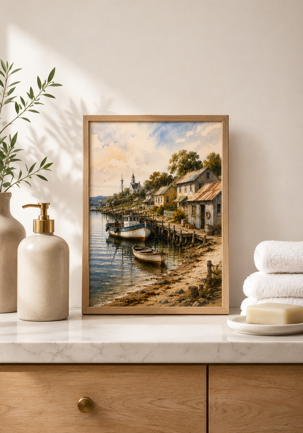 Coastal Fishing Village Watercolour Wall Art Print - Image 5