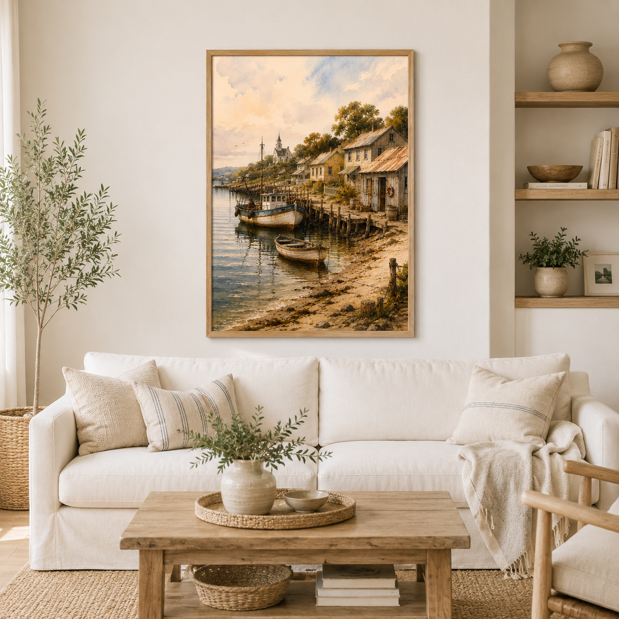 Coastal Fishing Village Watercolour Wall Art Print - Image 4