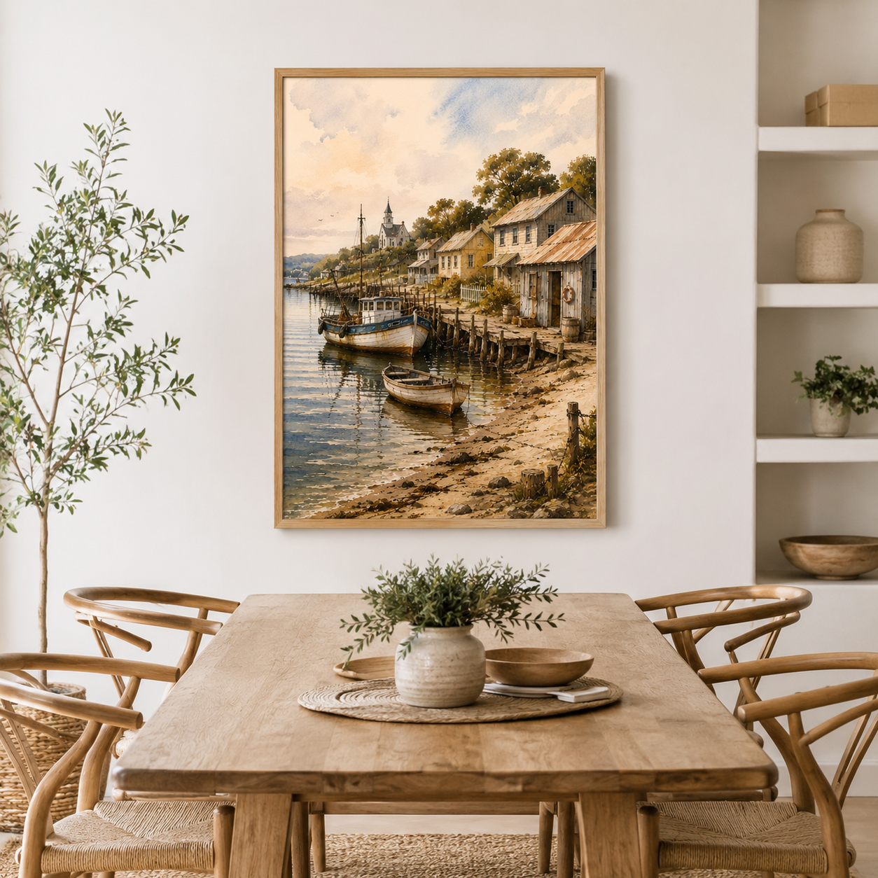 Coastal Fishing Village Watercolour Wall Art Print - Image 2