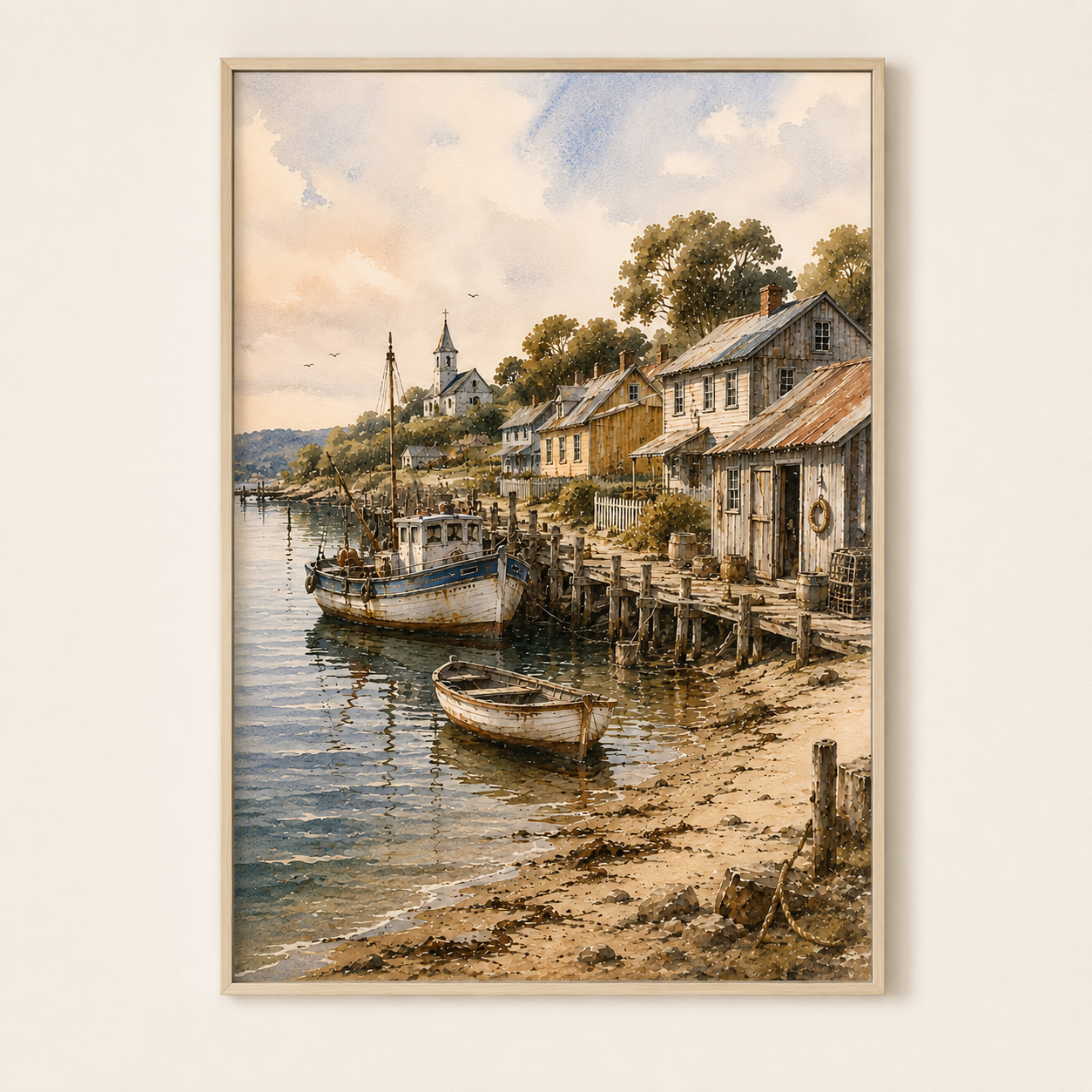 Coastal Fishing Village Watercolour Wall Art Print - Image 3