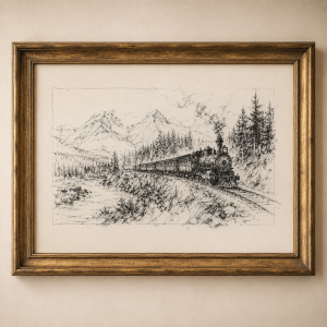 Vintage Steam Train Sketch Print, Antique Locomotive Ink Drawing Wall Art