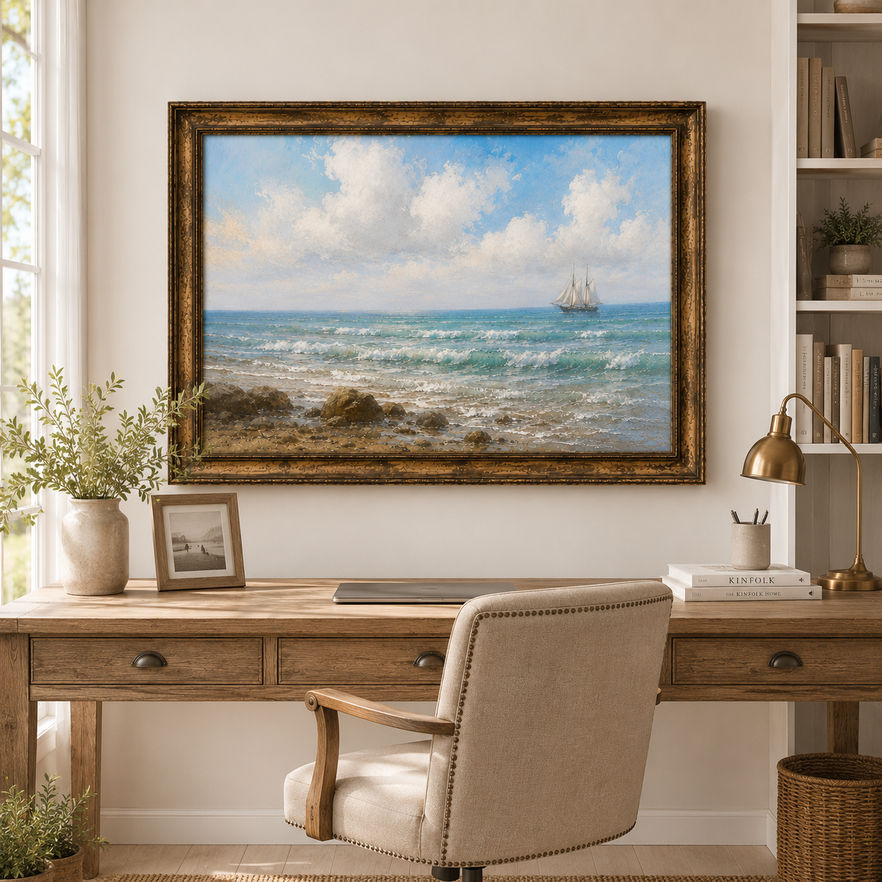 Vintage Coastal Seascape Painting – Sailing Ship Ocean Wall Art - Image 6