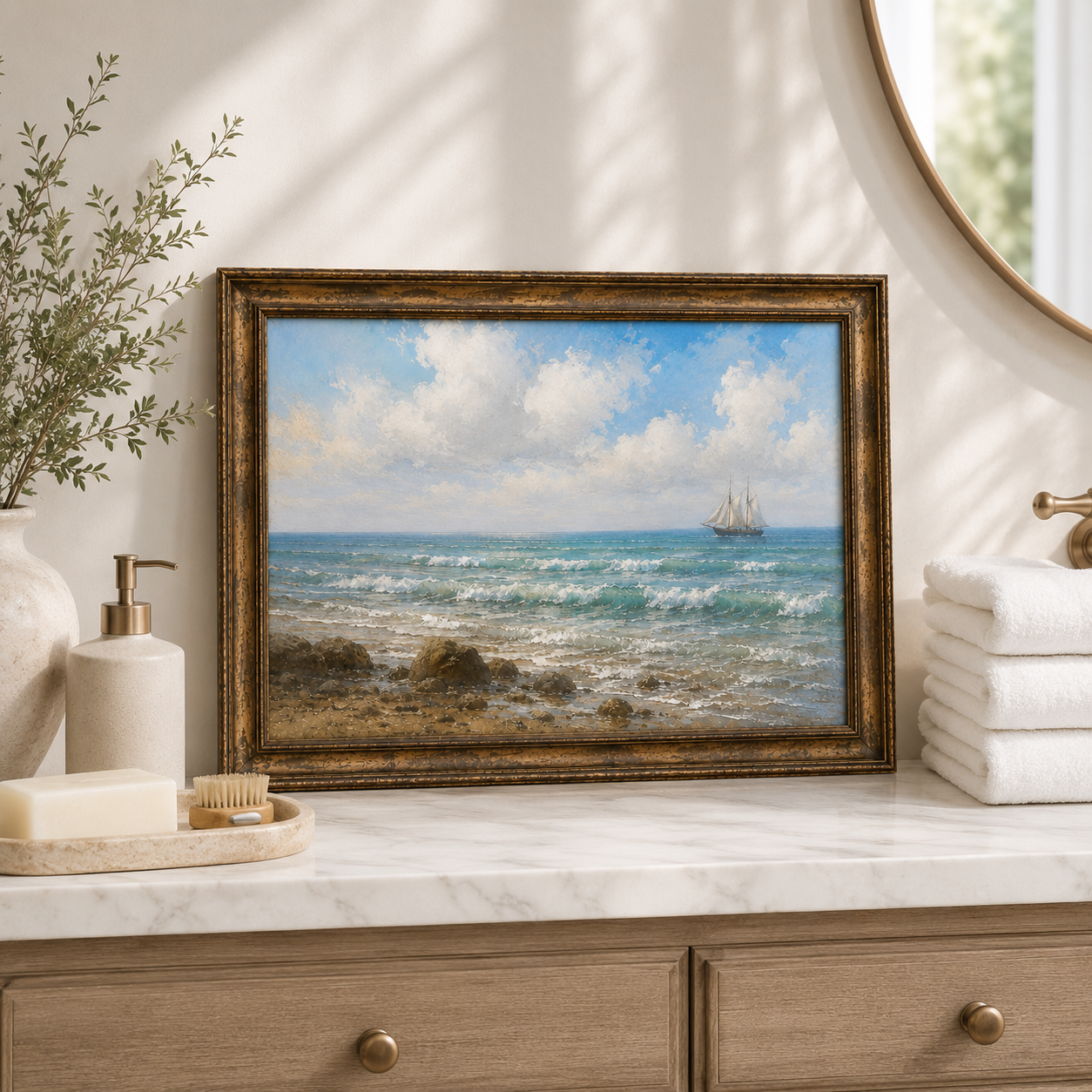 Vintage Coastal Seascape Painting – Sailing Ship Ocean Wall Art - Image 5