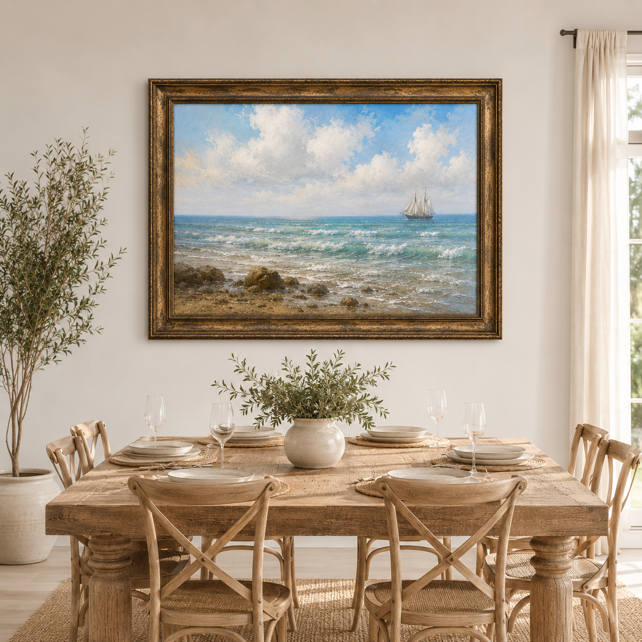 Vintage Coastal Seascape Painting – Sailing Ship Ocean Wall Art - Image 4