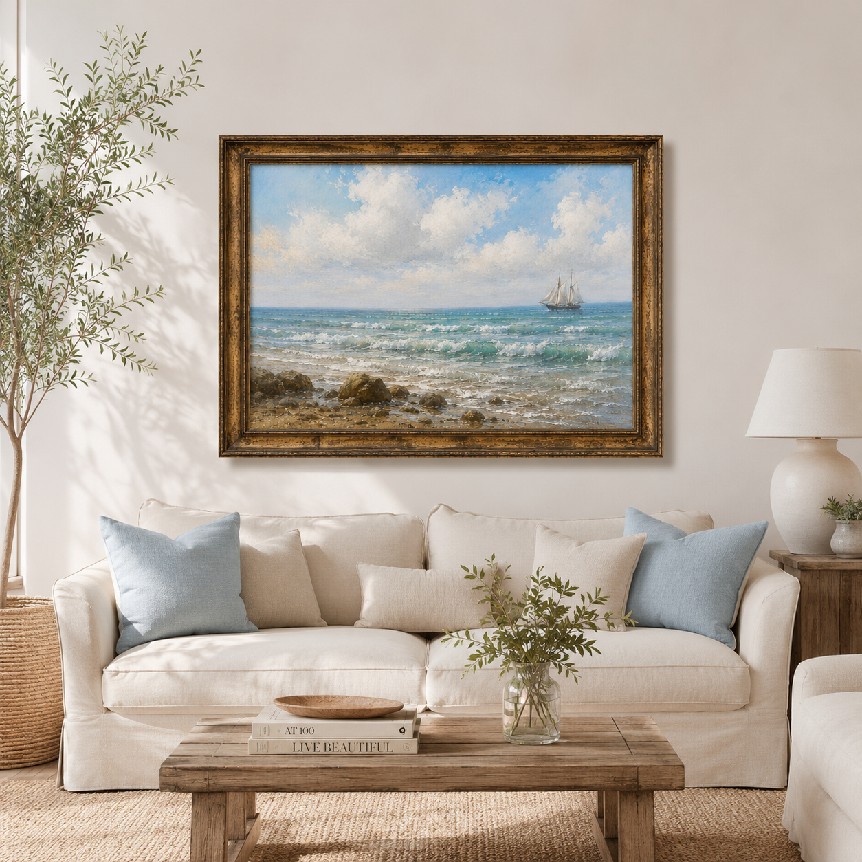 Vintage Coastal Seascape Painting – Sailing Ship Ocean Wall Art - Image 3