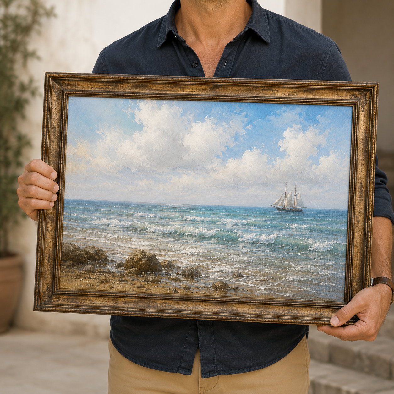 Vintage Coastal Seascape Painting – Sailing Ship Ocean Wall Art