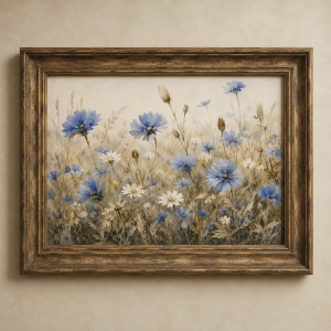 Vintage Blue Wildflower Meadow, Soft Watercolour Floral Landscape Print