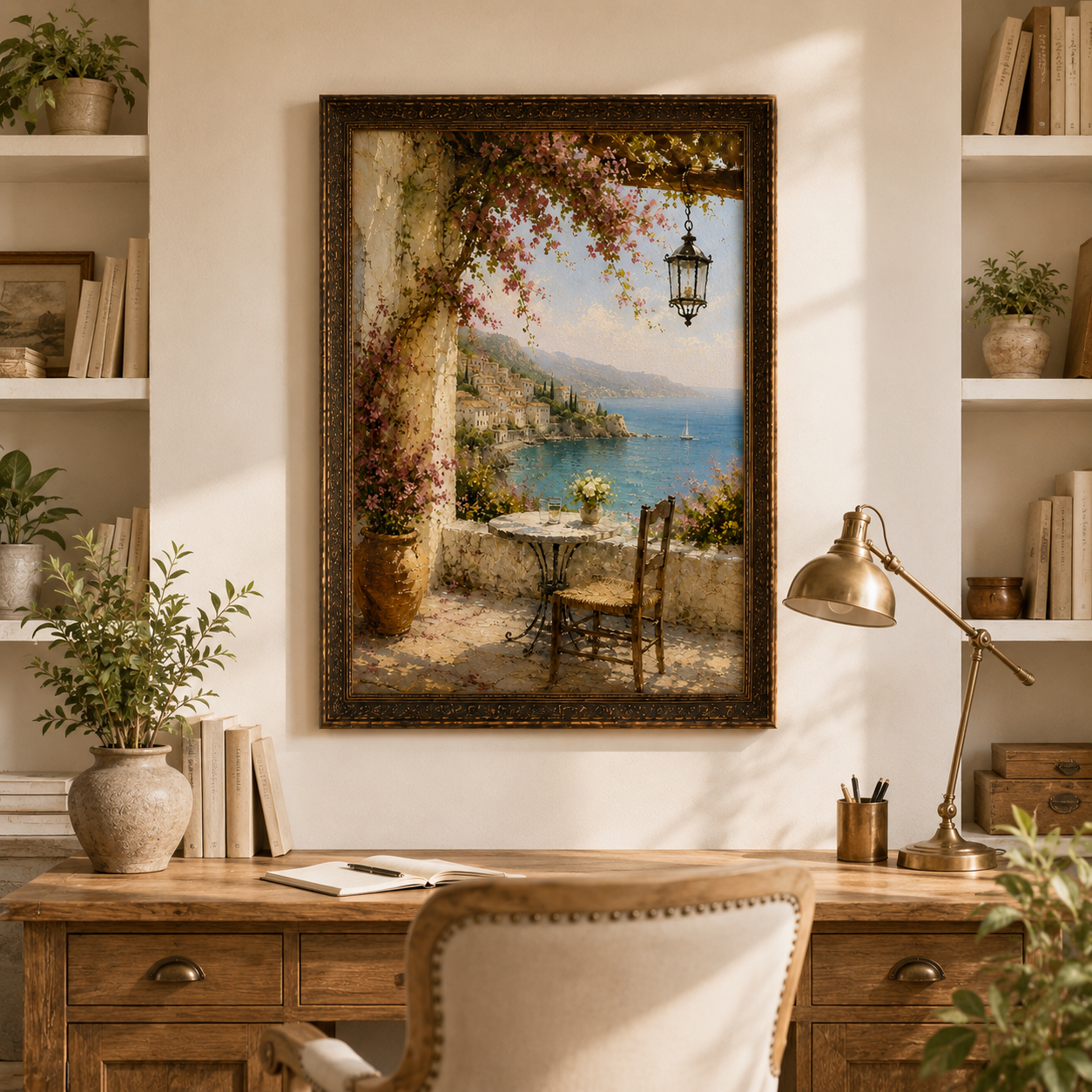 Vintage Mediterranean Wall Art – Italian Coastal Terrace Oil Painting Print - Image 6
