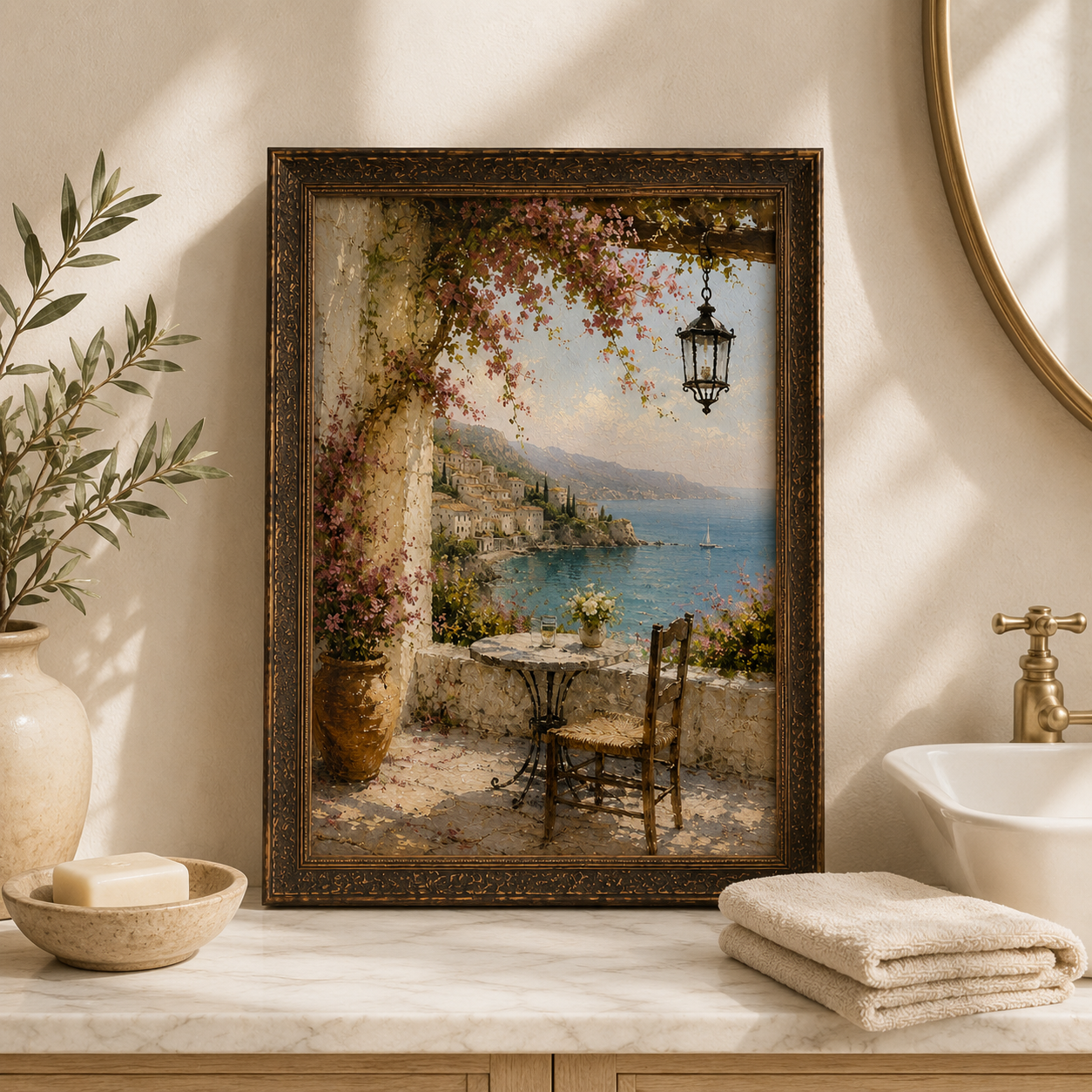 Vintage Mediterranean Wall Art – Italian Coastal Terrace Oil Painting Print - Image 5