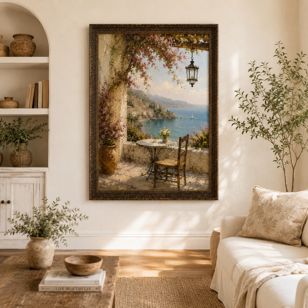 Vintage Mediterranean Wall Art – Italian Coastal Terrace Oil Painting Print - Image 4