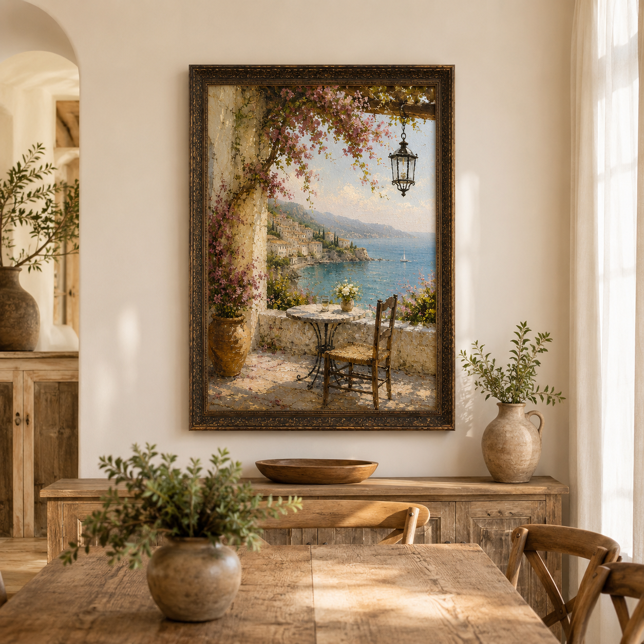 Vintage Mediterranean Wall Art – Italian Coastal Terrace Oil Painting Print - Image 2