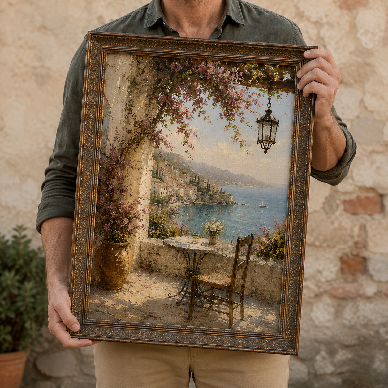 Vintage Mediterranean Wall Art – Italian Coastal Terrace Oil Painting Print - Image 3