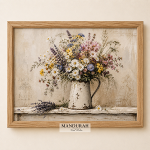 Vintage Wildflower Bouquet in Rustic Jug | Farmhouse Botanical Wall Art