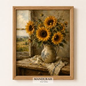 Vintage Sunflower Still Life Print – Rustic Farmhouse Wall Art
