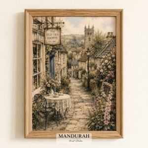 Vintage English Village Watercolour Print – Cottage Lane Tea Shop Art