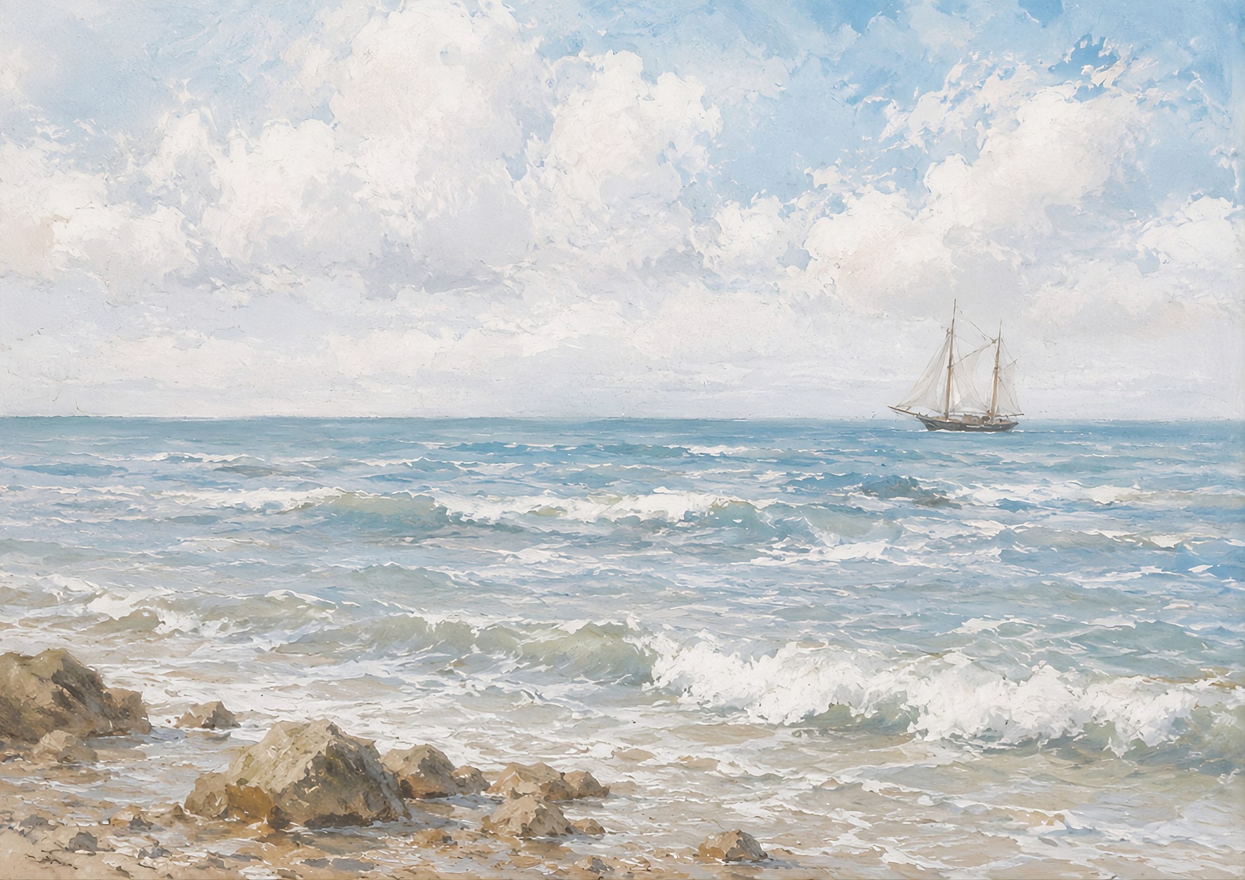 Vintage Coastal Seascape Painting – Sailing Ship Ocean Wall Art - Image 7