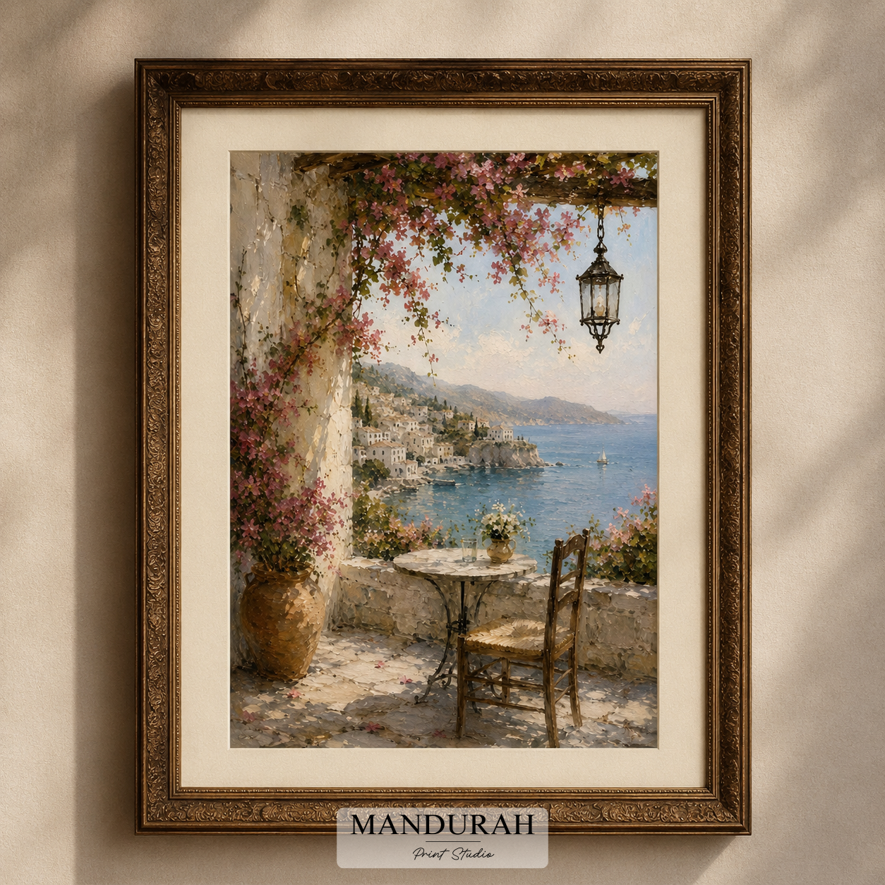 Vintage Mediterranean Wall Art – Italian Coastal Terrace Oil Painting Print
