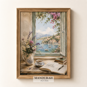 Vintage Mediterranean Coastal Window View | Italian Riviera Watercolour Wall Art Print
