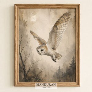 Vintage Barn Owl Wall Art – Flying Owl Watercolour Woodland Print